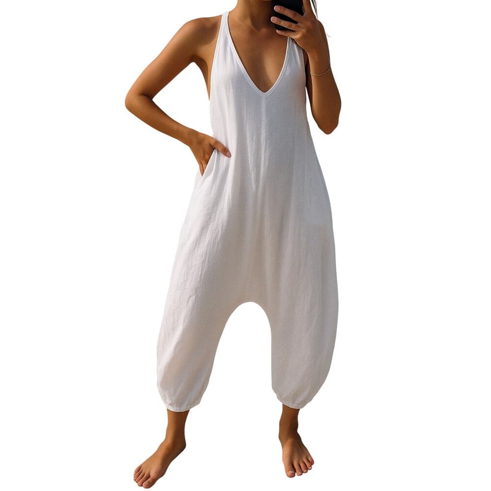 Saga Italian Linen White Balloon Harem Cropped Jumpsuit Overalls‎ Lagenlook 0S